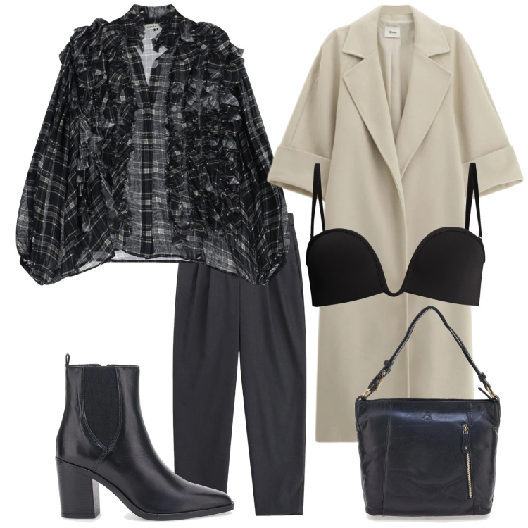 Outfit donna - Et voilà. Stile Chic per Serata fuori. Abbinamento con pantaloni, camicie, cappotti, reggiseni, stivaletti, borse a spalla.