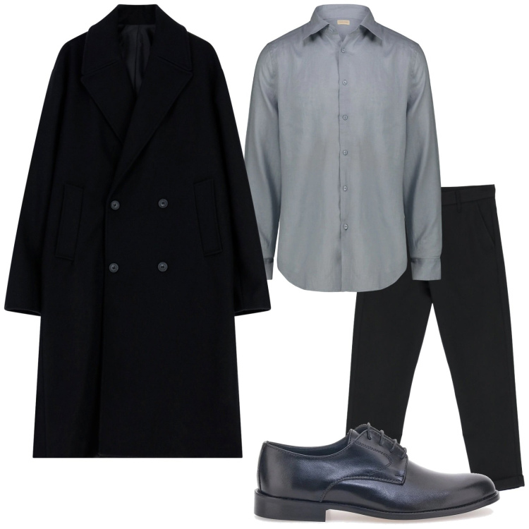 Outfit uomo - Lungo doppiopetto. Stile Trendy per Serata speciale. Abbinamento con pantaloni, cappotti, scarpe stringate, camicie.