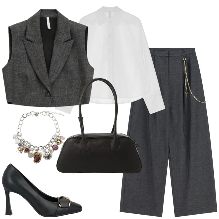 Outfit donna - Febbraio. Stile Trendy per Tutti i giorni. Abbinamento con décolleté, pantaloni a palazzo, camicie, gilet, braccialetti con ciondoli, borse a mano.