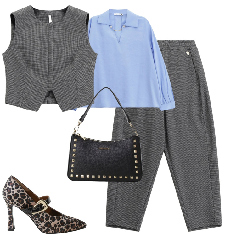 Outfit donna - Febbre. Stile Trendy per Tutti i giorni. Abbinamento con décolleté, pantaloni, pochette, gilet, camicie.