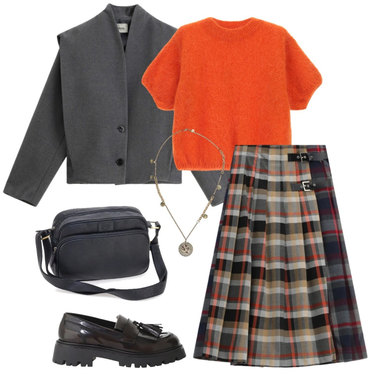 Outfit donna - Total look #2335080. Stile Preppy per Tutti i giorni. Abbinamento con maglieria, mocassini, ciondoli, blazer, gonne lunghe, borse a tracolla.