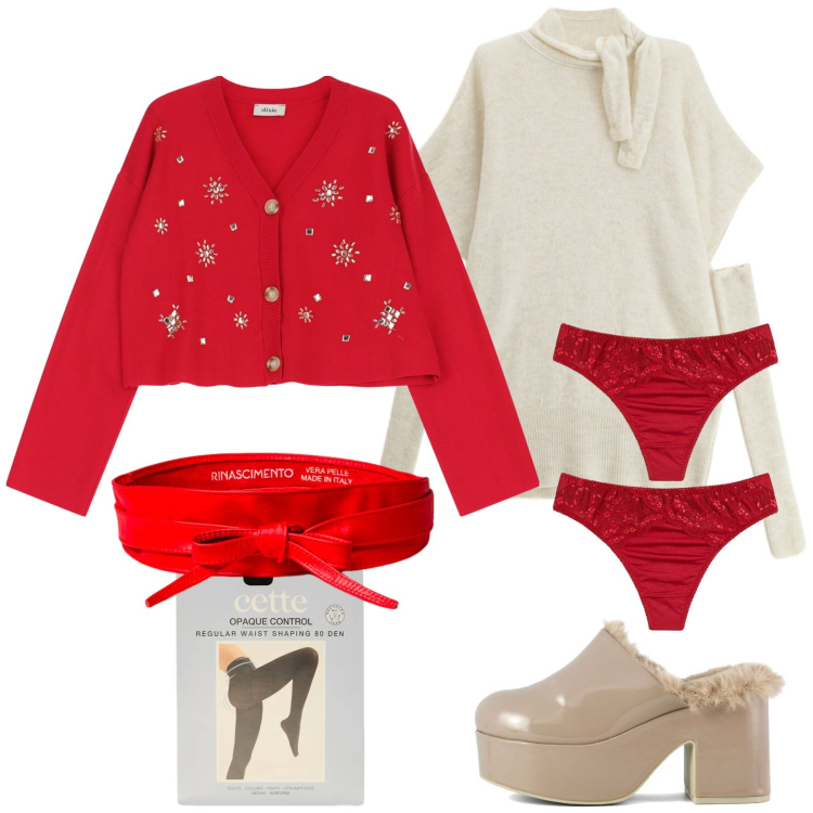 Outfit donna - Rosso a febbraio. Stile Trendy per Tutti i giorni. Abbinamento con perizomi, cardigans, vestiti lunghi, cinture, sabot, collant.