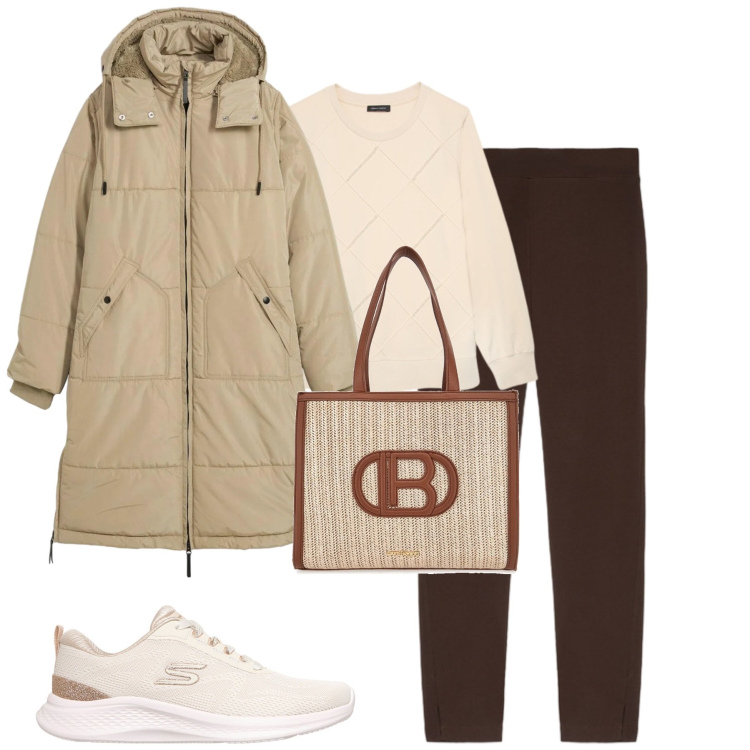 Outfit donna - Febbraio. Stile Basic per Tutti i giorni. Abbinamento con piumini, borse a spalla, leggings, felpe, sneakers.