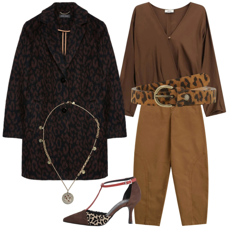Outfit donna - Maculata. Stile Trendy per Serata fuori. Abbinamento con pantaloni, décolleté, ciondoli, cinture, bluse, cappotti.