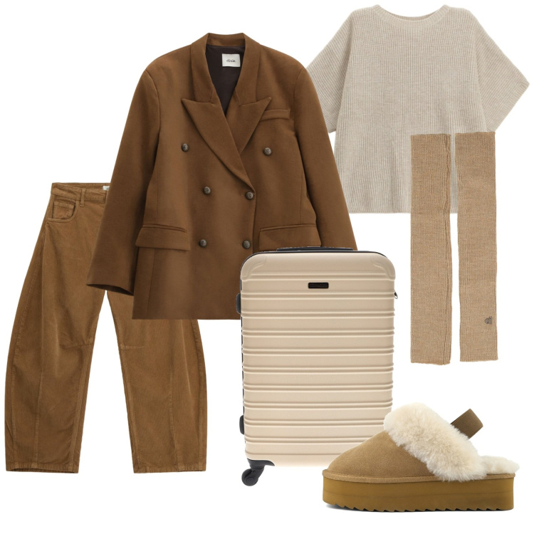 Outfit donna - In volo. Stile Trendy per Tutti i giorni. Abbinamento con maglieria, pantaloni a palazzo, blazer, guanti, sabot, valigie.
