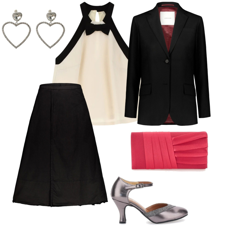 Outfit donna - Festa di san valentino. per Serata fuori. Abbinamento con top, orecchini, gonne lunghe, pochette, décolleté, blazer.