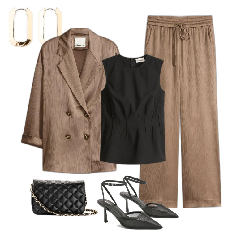 Outfit femme - Tailleur taupe Chic. Style Glamour pour Bureau. Assortir avec pantalon , sacs en bandoulière, hauts, blazers, boucles d'oreilles, chaussures à talon.