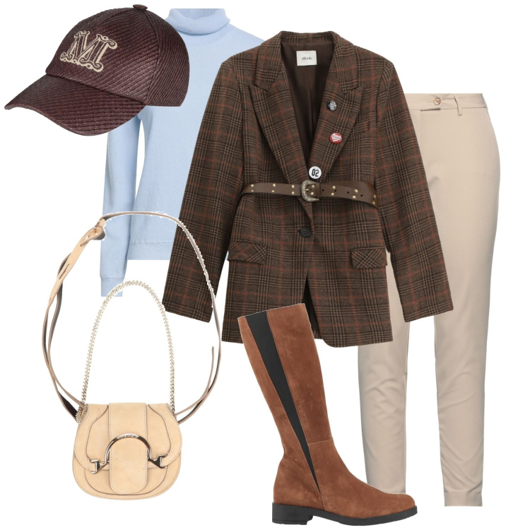 Outfit donna - Tendenza British @tiffany22. Stile Casual chic per Tutti i giorni. Abbinamento con marsupi, pantaloni, maglieria, stivali, cappelli con visiera, blazer.