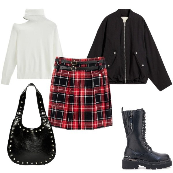Outfit donna - British girl. Stile Urban per Tutti i giorni. Abbinamento con maglieria, borse a spalla, minigonne, anfibi, bomber.