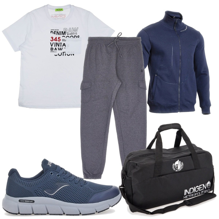 Outfit uomo - Total look #2335125. Stile Trendy per Sport. Abbinamento con borse sportive, t-shirt, sneakers, felpe, pantaloni cargo.