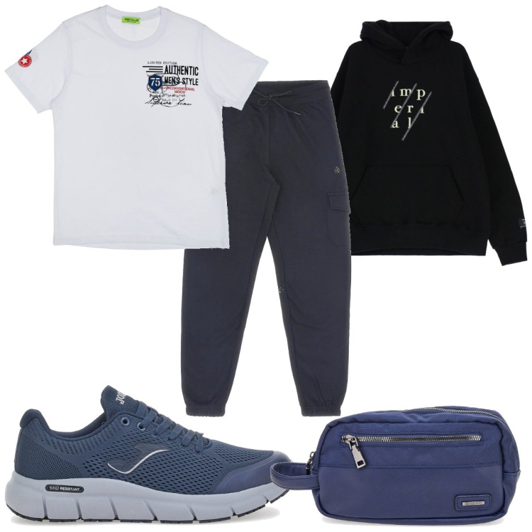 Outfit uomo - Total look #2335126. Stile Trendy per Sport. Abbinamento con felpe con cappuccio, t-shirt, sneakers, borse sportive, pantaloni cargo.