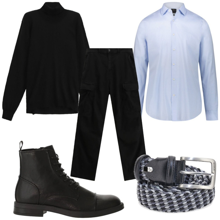 Outfit uomo - Total look #2335127. Stile Casual per Ufficio. Abbinamento con pantaloni cargo, maglieria, anfibi, camicie, cinture.