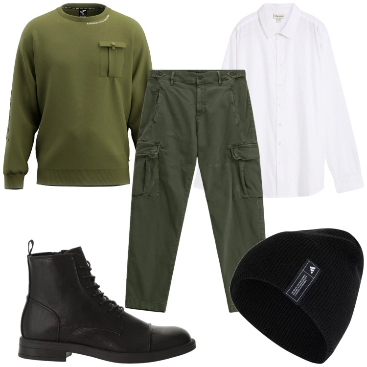 Outfit uomo - Total look #2335128. Stile Urban per Tutti i giorni. Abbinamento con camicie, pantaloni cargo, anfibi, felpe, berretti.