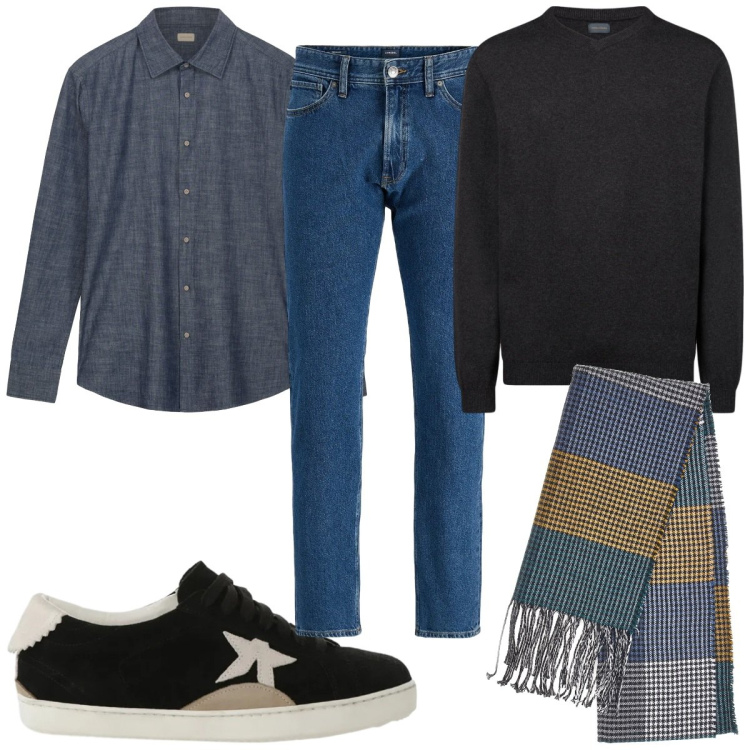 Outfit uomo - Total look #2335130. Stile Casual per Tutti i giorni. Abbinamento con jeans, sneakers, sciarpe, maglieria, camicie.