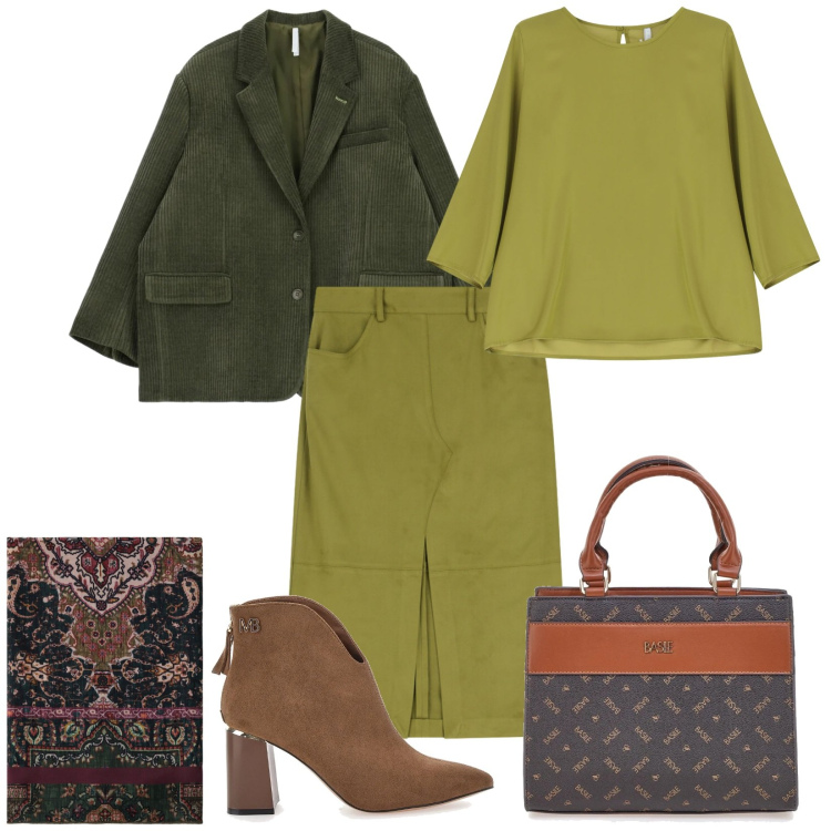 Outfit donna - Total look #2335134. Stile Chic per Ufficio. Abbinamento con gonne longuette, blazer, bluse, foulard, stivaletti, borse a mano.