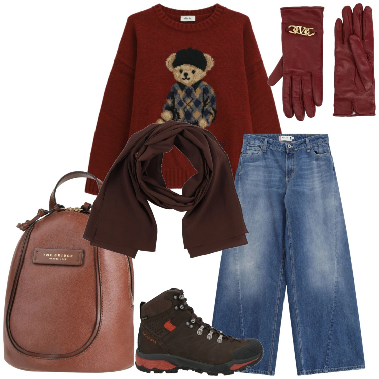 Outfit donna - Total look #2335142. Stile Casual per Tutti i giorni. Abbinamento con stivaletti, sciarpe, guanti, zaini, maglieria, jeans.