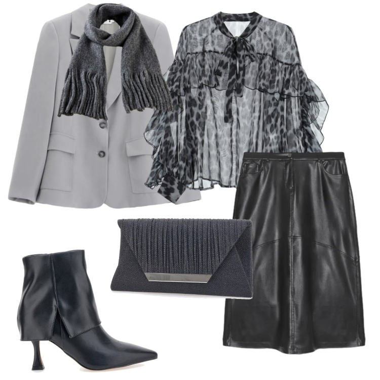 Outfit donna - Total look #2335144. Stile Glamour per Serata fuori. Abbinamento con sciarpe, bluse, blazer, pochette, gonne lunghe, stivaletti.