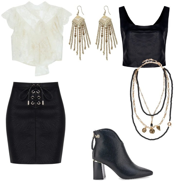 Outfit donna - Total look #2335146. Stile Boho per Serata fuori. Abbinamento con bluse, orecchini, minigonne, top, collane, stivaletti.