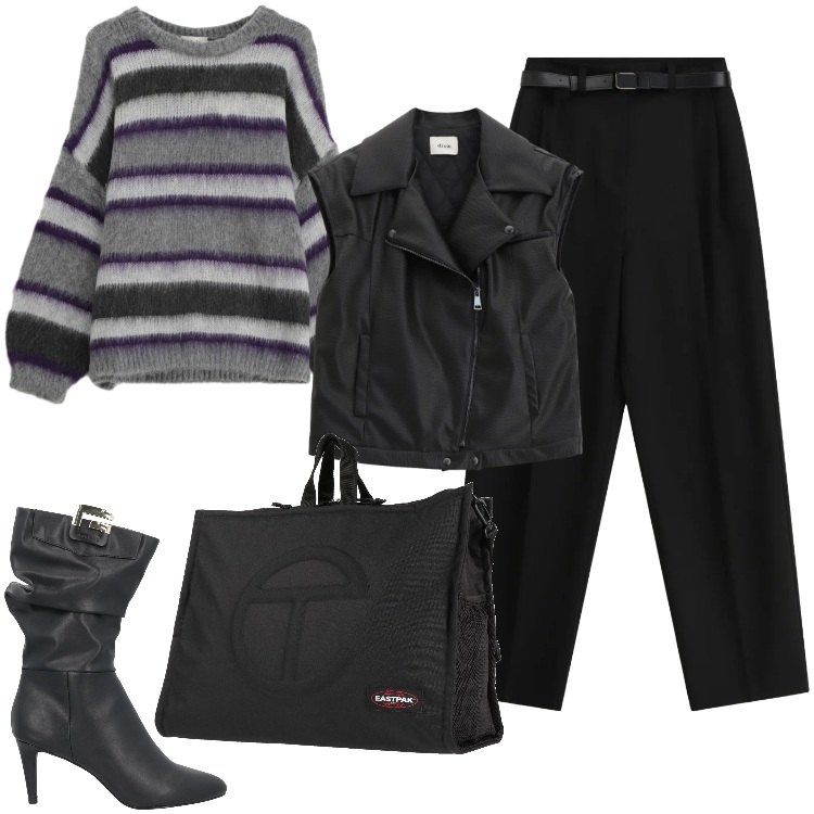 Outfit donna - Total look #2335152. Stile Urban per Ufficio. Abbinamento con zaini, stivali, pantaloni a palazzo, maglieria, gilet.