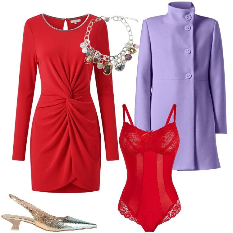 Outfit donna - Total look #2335157. Stile Glamour per Serata fuori. Abbinamento con body, décolleté, braccialetti con ciondoli, cappotti, vestiti a tubino.