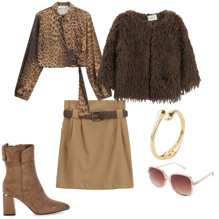 Outfit donna - Total look. Stile Casual chic per Serata fuori. Abbinamento con occhiali da sole, braccialetti, blazer, minigonne, camicie, stivaletti.