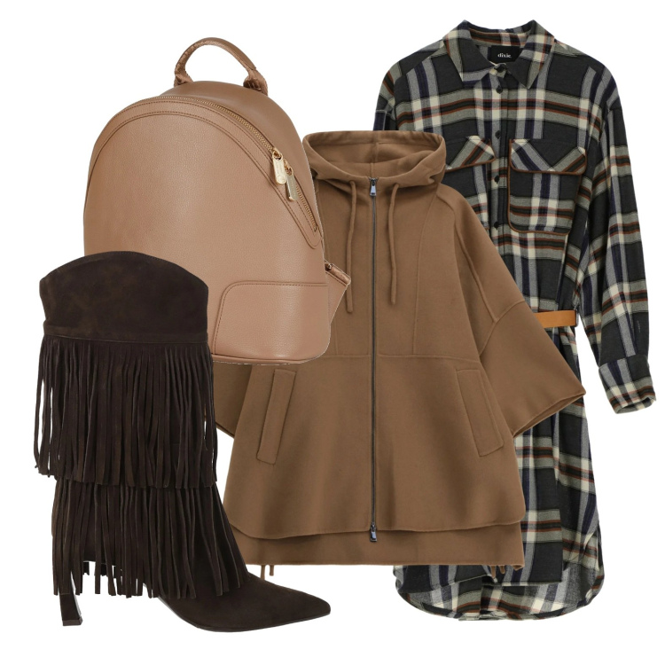 Outfit donna - Spirito country. Stile Boho per Tutti i giorni. Abbinamento con zaini, vestiti midi/longuette, stivali, cappotti.