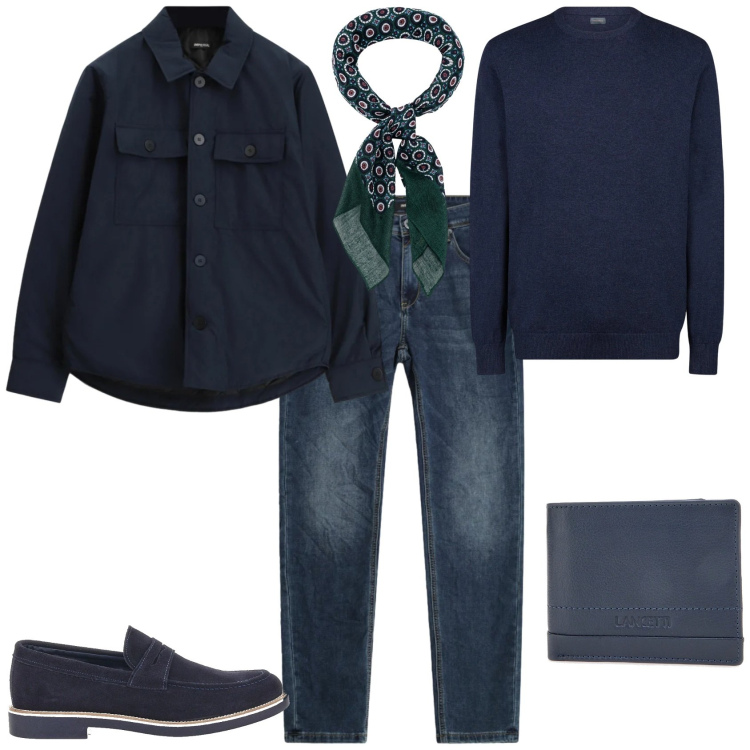 Outfit uomo - Trendy ufficio tempo libero. Stile Trendy per Tutti i giorni. Abbinamento con cappotti, jeans slim fit, maglieria, scarpe stringate, portafogli, sciarpe e foulard.