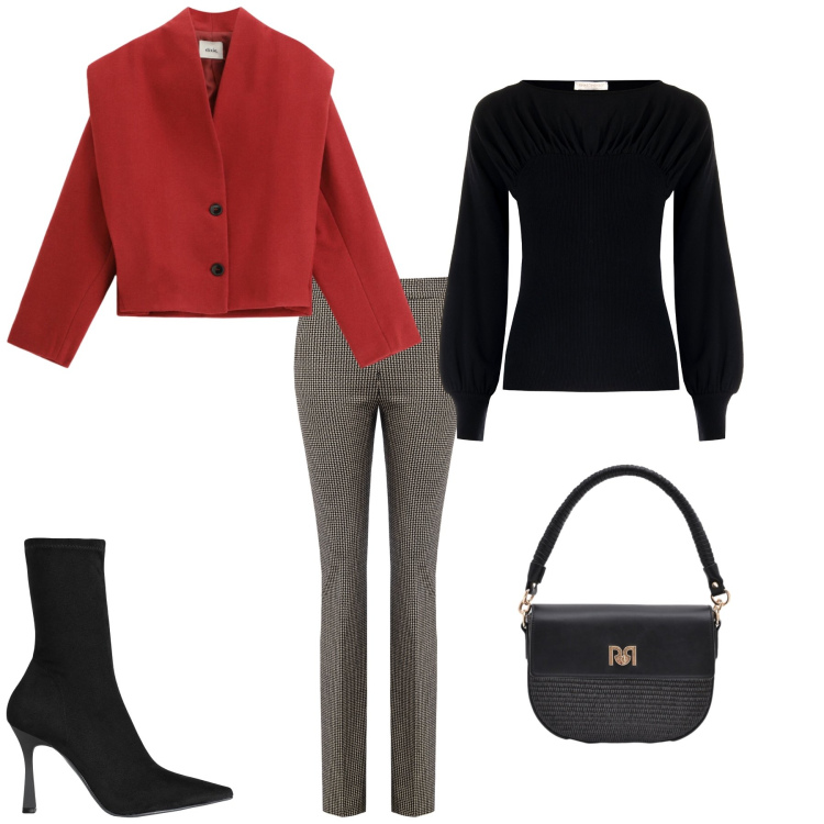 Outfit donna - Rosso e nero. Stile Chic per Tutti i giorni. Abbinamento con stivaletti, blazer, maglieria, pantaloni, borse a spalla.