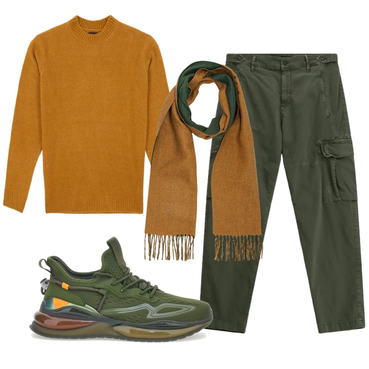 Outfit uomo - Total look #2335180. Stile Casual per Tutti i giorni. Abbinamento con pantaloni cargo, sciarpe, maglieria, sneakers.