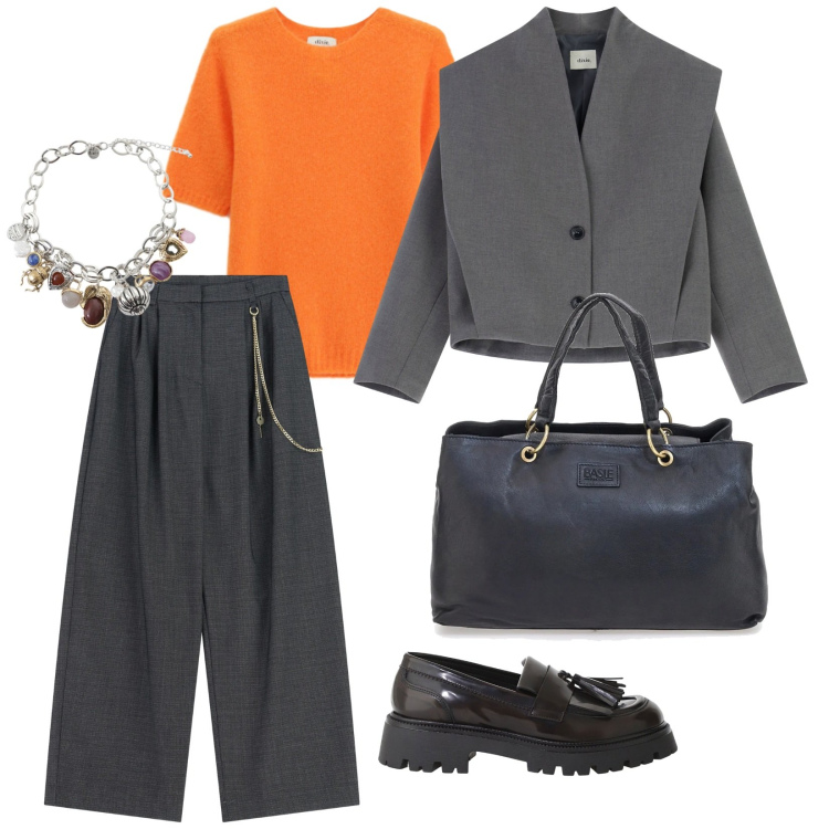 Outfit donna - Arancione. per Tutti i giorni. Abbinamento con pantaloni a palazzo, braccialetti con ciondoli, mocassini, blazer, maglieria, borse a mano.