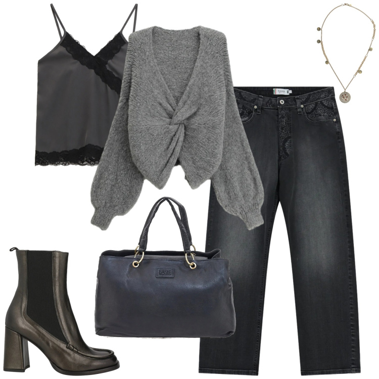 Outfit donna - Total look #2335189. Stile Casual chic per Tutti i giorni. Abbinamento con stivaletti chelsea, top, ciondoli, jeans dritti, cardigans, borse a mano.