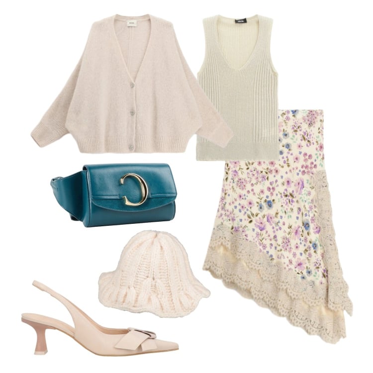 Outfit donna - Stile Provence contemporaneo. Stile Romantica per Tutti i giorni. Abbinamento con décolleté, cappelli, marsupi, cardigans, gonne longuette, top.