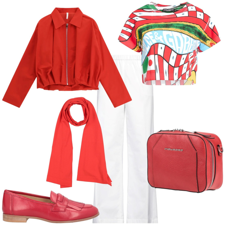 Outfit donna - Sporty chic ogni giorno. Stile Sporty chic per Tutti i giorni. Abbinamento con pantaloni, t-shirt, marsupi, sciarpe, mocassini, bomber.