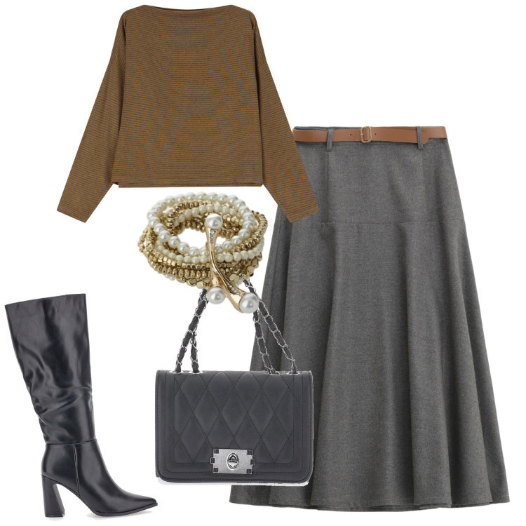 Outfit donna - Febbraio. Stile Urban per Tutti i giorni. Abbinamento con braccialetti, maglieria, gonne lunghe, stivali, borse a tracolla.