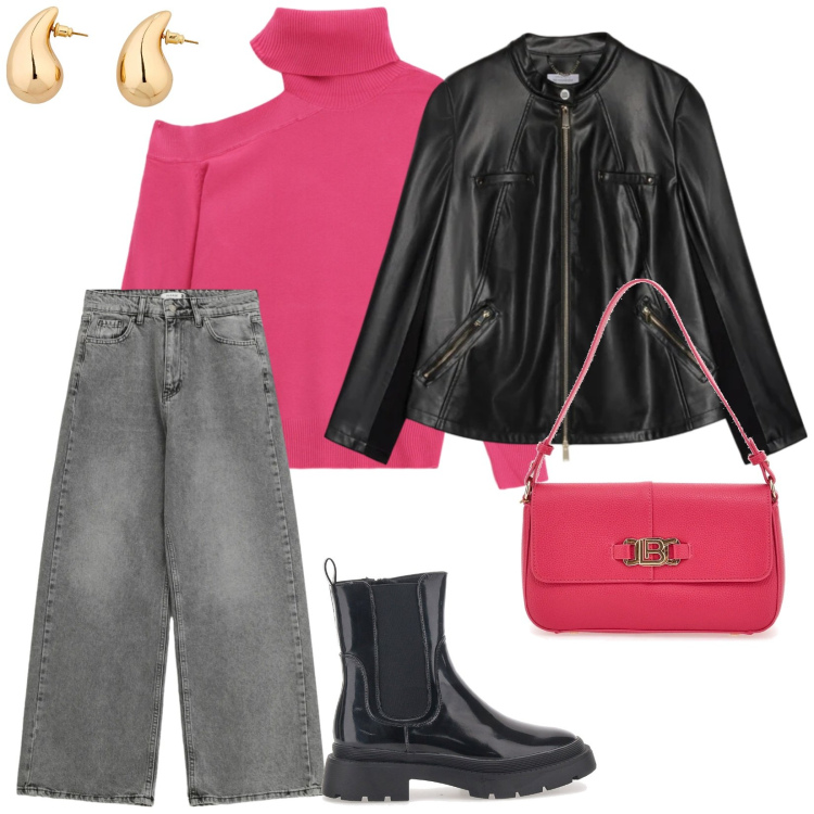 Outfit donna - Rosa e rosa. per Scuola/Università. Abbinamento con orecchini, maglieria, jeans, anfibi, borse a spalla, giacche.