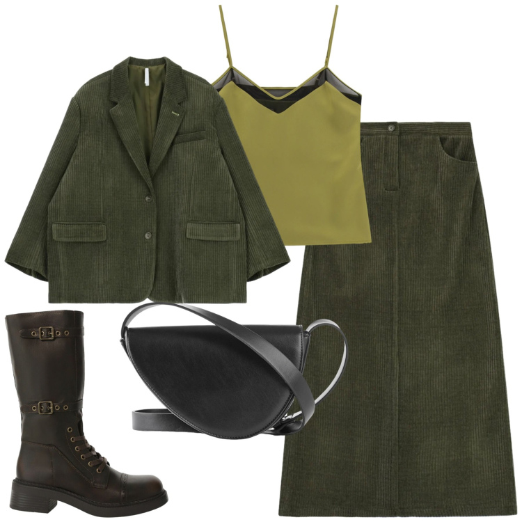 Outfit donna - City. Stile Urban per Tutti i giorni. Abbinamento con borse a tracolla, top, stivali, blazer, gonne lunghe.