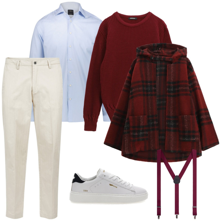 Outfit uomo - Per san valentino. per Serata speciale. Abbinamento con maglieria, caban, camicie, pantaloni, bretelle, sneakers.