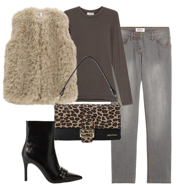 Outfit donna - Febbraio. Stile Casual chic per Tutti i giorni. Abbinamento con jeans dritti, borse a spalla, ecopellicce, stivaletti, t-shirt.