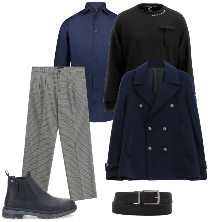 Outfit uomo - Basic. per Ufficio. Abbinamento con pantaloni, cappotti, camicie, cinture, felpe, stivali e stivaletti.