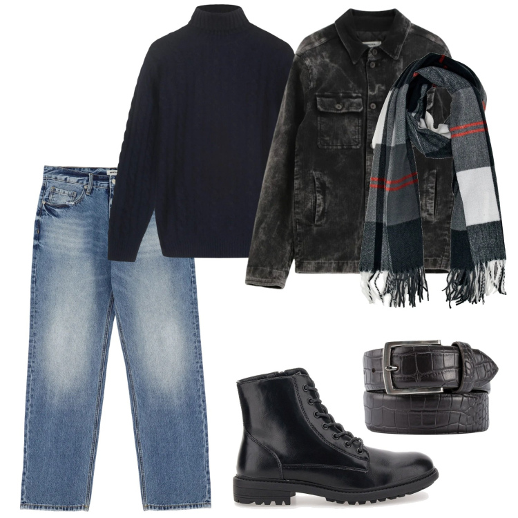 Outfit uomo - Casual. per Tutti i giorni. Abbinamento con jeans, cappotti, sciarpe, cinture, anfibi, maglieria.