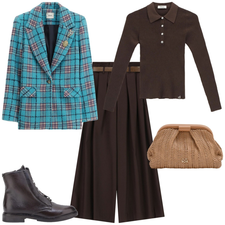 Outfit donna - Trendy ufficio week end. Stile Trendy per Ufficio. Abbinamento con maglieria, pantaloni a palazzo, blazer, pochette, anfibi.