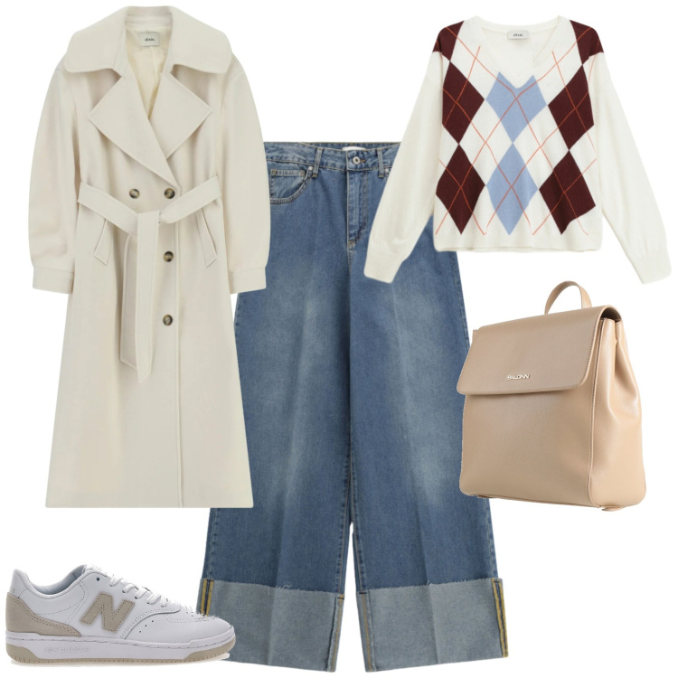 Outfit donna - Trendy ufficio tempo libero. Stile Trendy per Tutti i giorni. Abbinamento con zaini, maglieria, cappotti, jeans, sneakers.