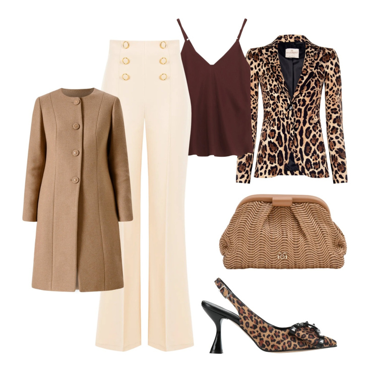 Outfit donna - Animalier elegante. Stile Chic per Serata fuori. Abbinamento con décolleté, top, blazer, cappotti, pantaloni, pochette.