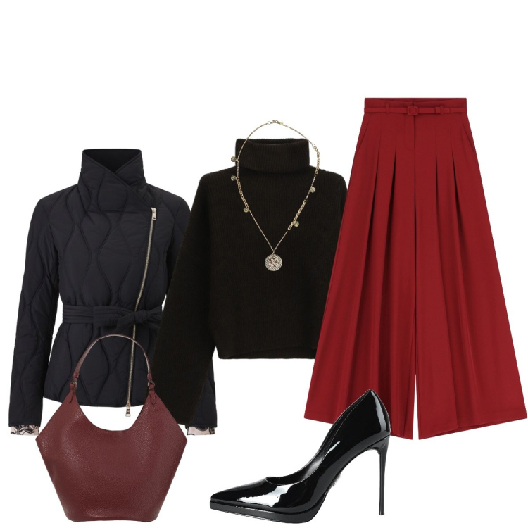 Outfit donna - In città. Stile Glamour per Tutti i giorni. Abbinamento con décolleté, pantaloni a palazzo, maglieria, ciondoli, borse a spalla, piumini.