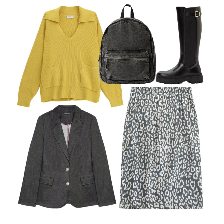 Outfit donna - Total look. Stile Bon Ton per Tutti i giorni. Abbinamento con stivali, maglieria, zaini, gonne, blazer.