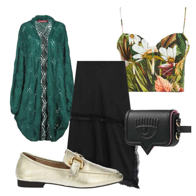 Outfit donna - Romantica coi fiori. Stile Romantica per Tutti i giorni. Abbinamento con cardigans, marsupi, top, mocassini, gonne longuette.