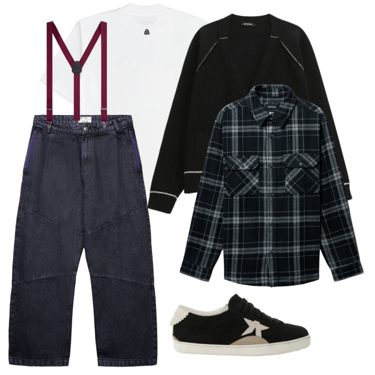 Outfit uomo - Solo bretelle. per Tutti i giorni. Abbinamento con sneakers, cardigans, cappotti, jeans dritti, maglieria, bretelle.