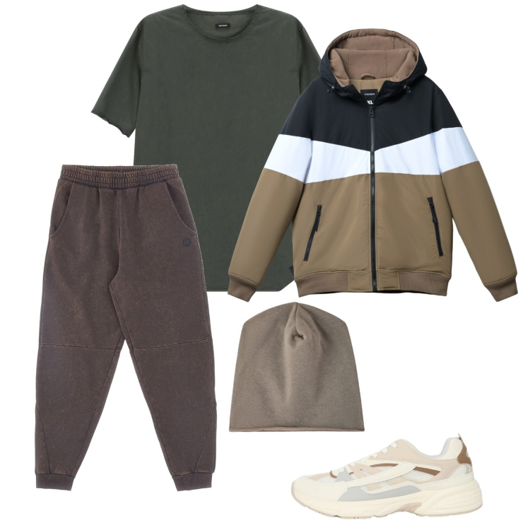 Outfit uomo - Terranova. per Sport. Abbinamento con piumini, sneakers, berretti, t-shirt, pantaloni.