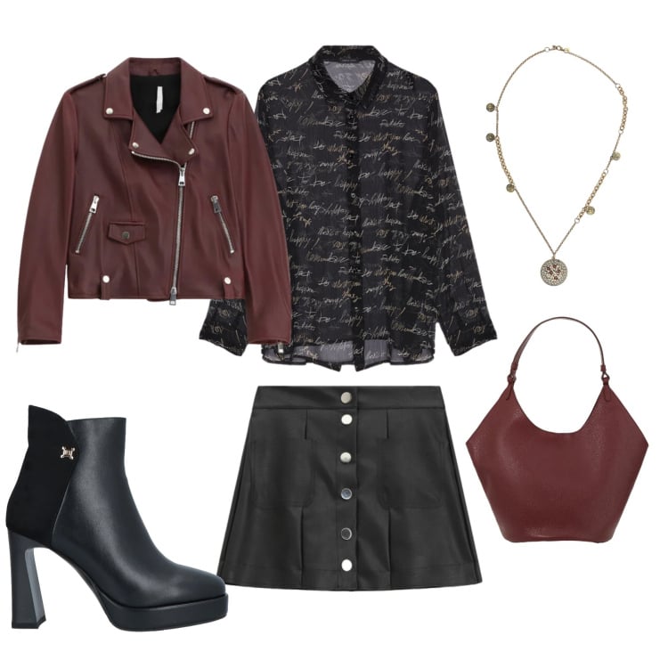 Outfit donna - Midnight Poetry & Wine. Stile Rock per Serata fuori. Abbinamento con stivaletti, giacche, ciondoli, borse a spalla, minigonne, camicie.