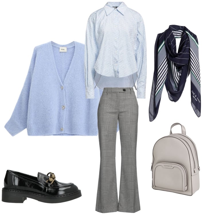 Outfit donna - Armonia di Lavanda & Texture. Stile Casual chic per Tutti i giorni. Abbinamento con zaini, pantaloni, camicie, mocassini, sciarpe, cardigans.